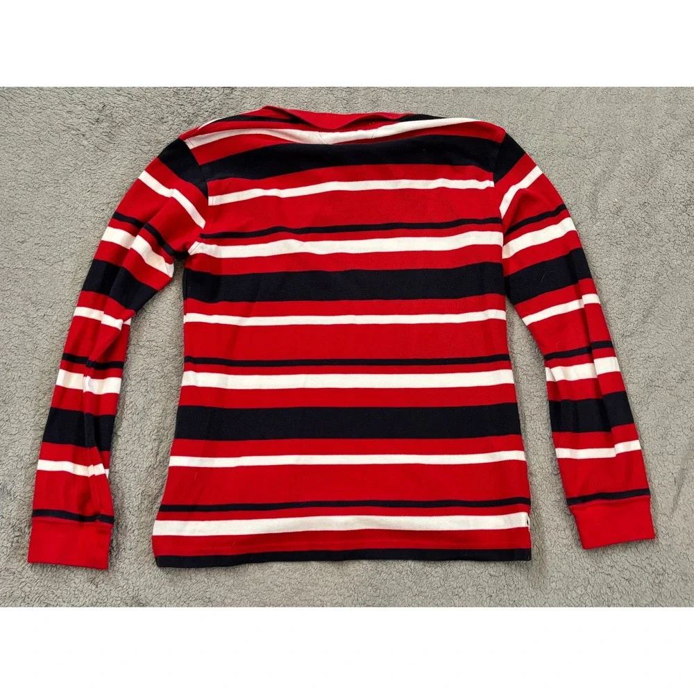 Tommy Hilfiger Boys Red White Navy Striped Long Sleeve Polo Shirt Size L 16/18